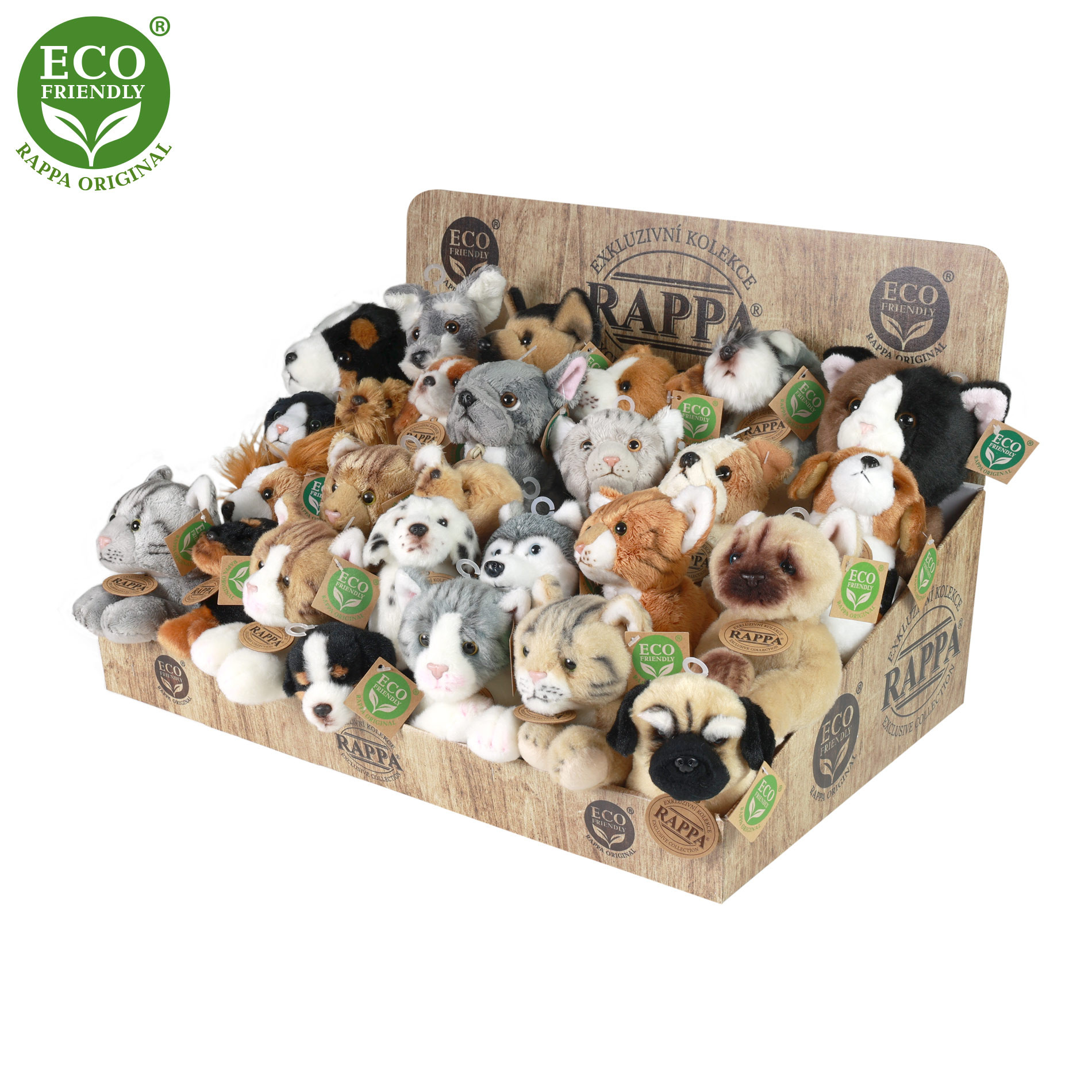 Plush dogs and cats display ECO-FRIENDLY