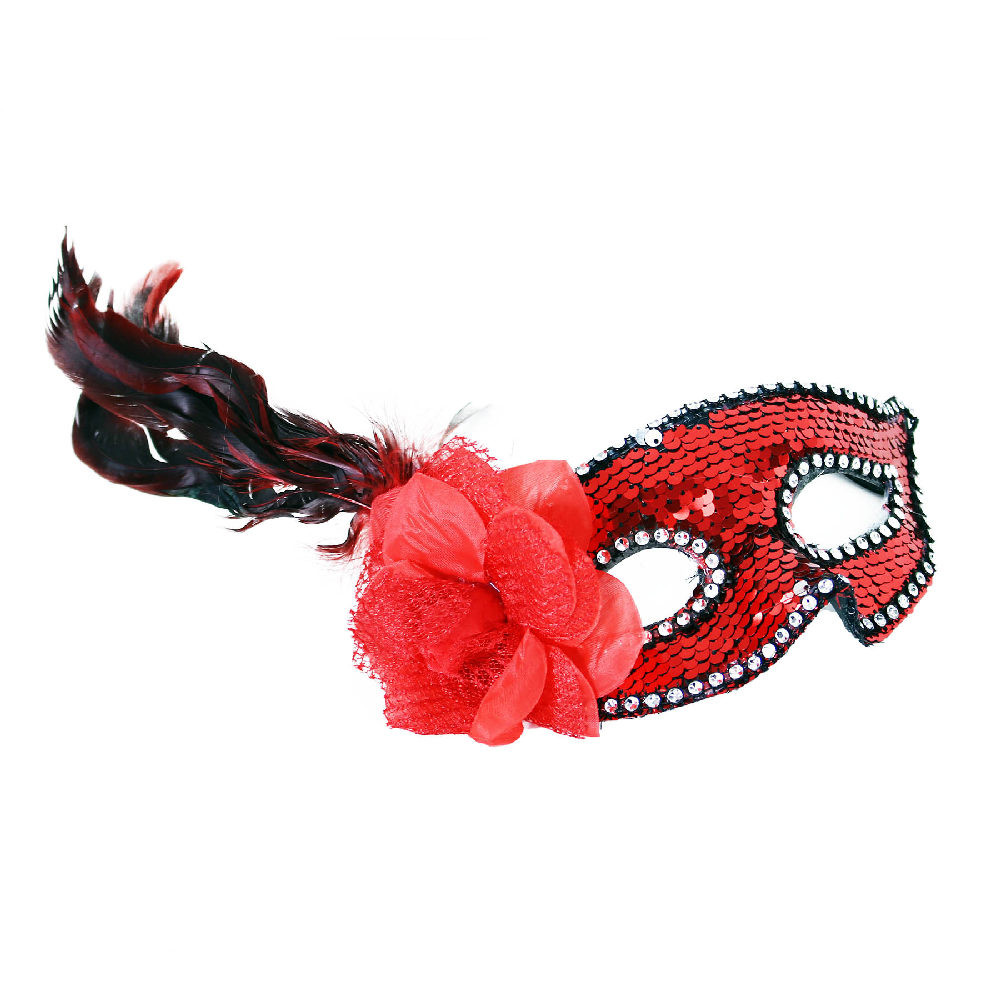 Red mask with flower and feathers