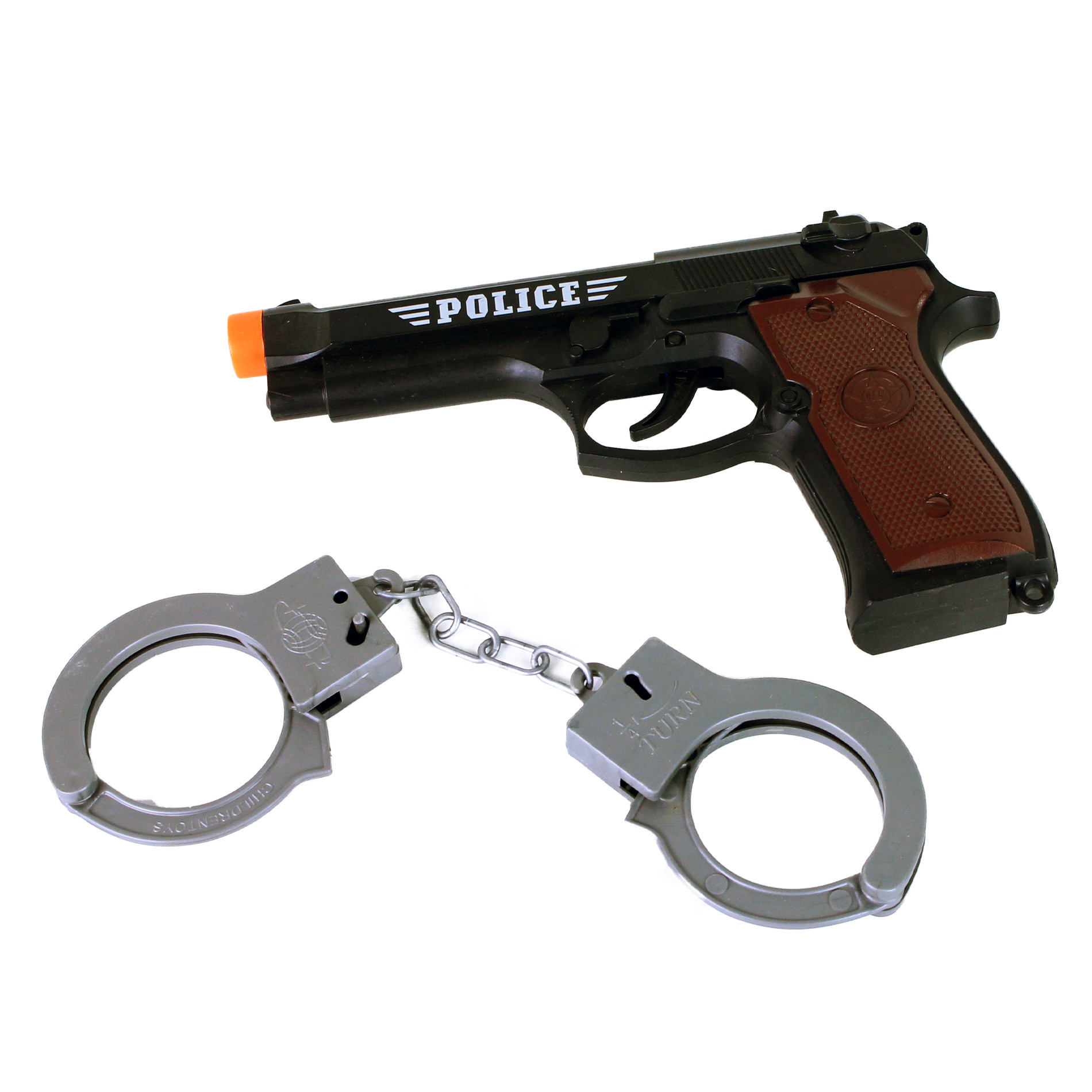 Police pistol and handcuffs with sound