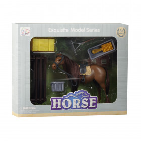 Brown plastic horse with accessories